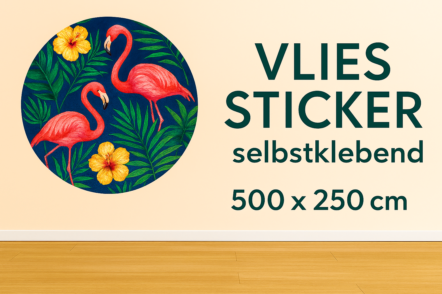alt="Vlies Sticker selbstklebend – runder Wandsticker mit tropischem Design auf heller Wand, Ø 125 cm, moderne Raumwirkung"
