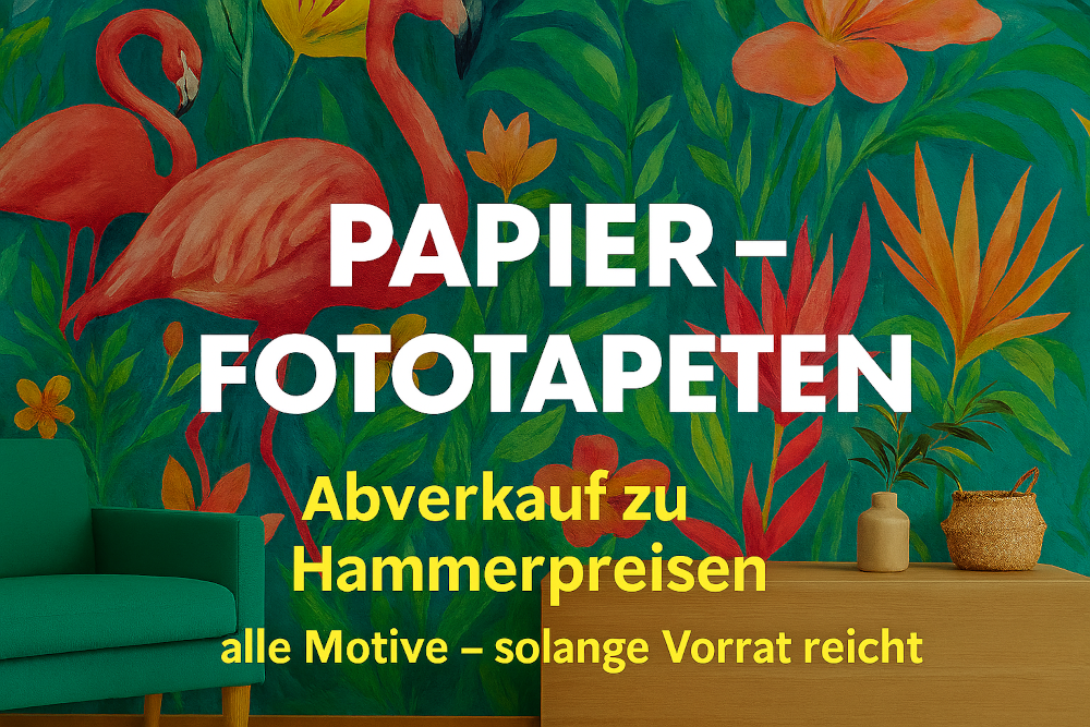 „Querformatiger Banner für Papier-Fototapeten mit tropischem Motiv: Pinke Flamingos zwischen bunten Blättern und Blumen, dekoriert mit Möbeln und Accessoires in modernem Wohnambiente.“