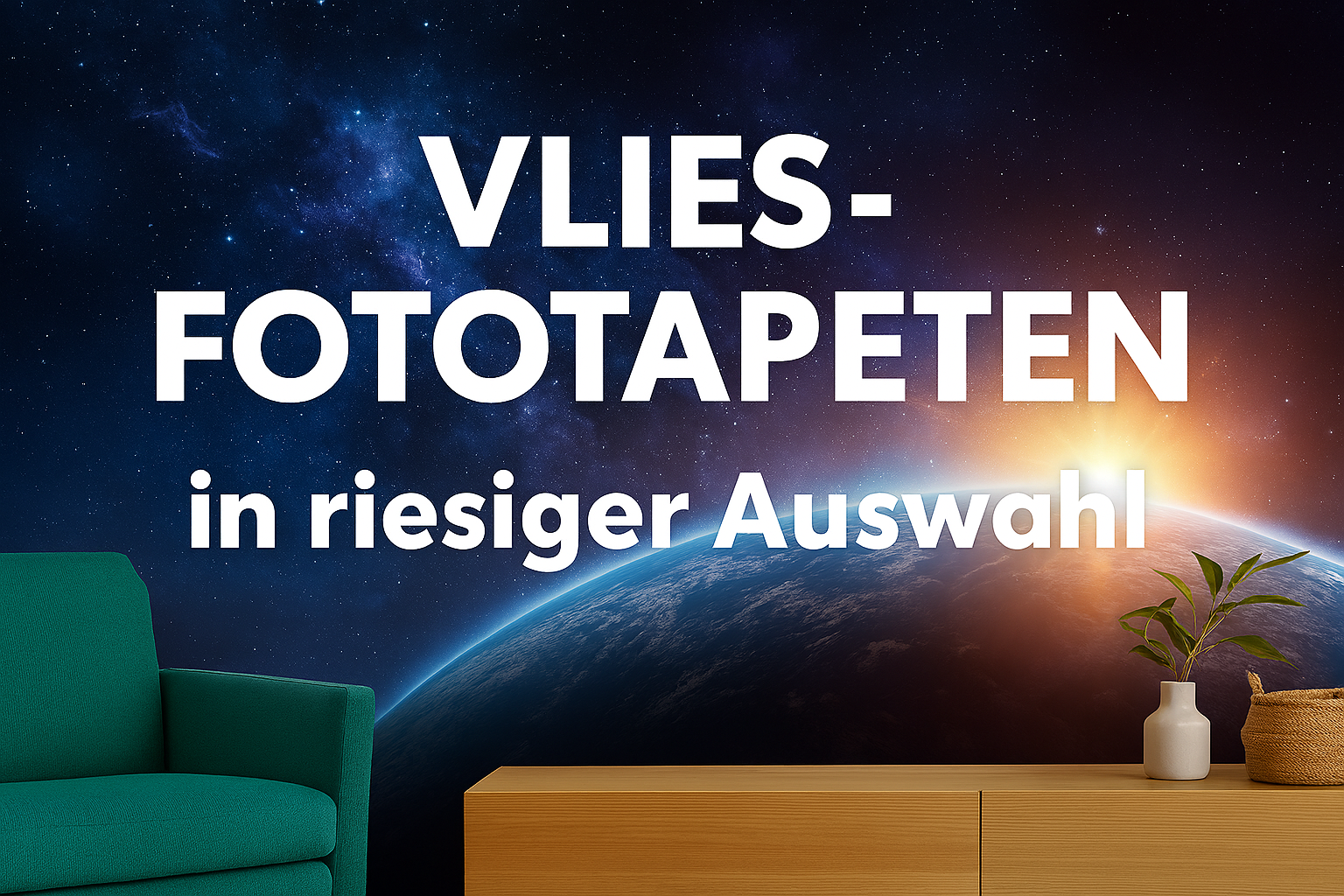 „Querformatiges Weltraumbild mit Blick auf die Erde und Sonnenaufgang im Hintergrund. Im Vordergrund steht weißer Schriftzug: ‚VLIES – FOTOTAPETEN in riesiger Auswahl‘. Die Szene zeigt eine kosmische Kulisse mit Sternen, Nebeln und Planeten – ideal als We