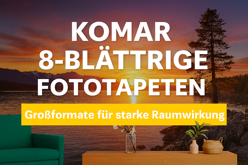 „Querformatiges Werbebild mit Komar-Fototapete im Hintergrund: großflächiges Sonnenuntergangsmotiv mit See, Baum und Bergkulisse. Die Tapete zeigt den typischen zweireihigen Aufbau mit 4 Bahnen oben und 4 Bahnen unten. Im Vordergrund modernes Wohnambiente
