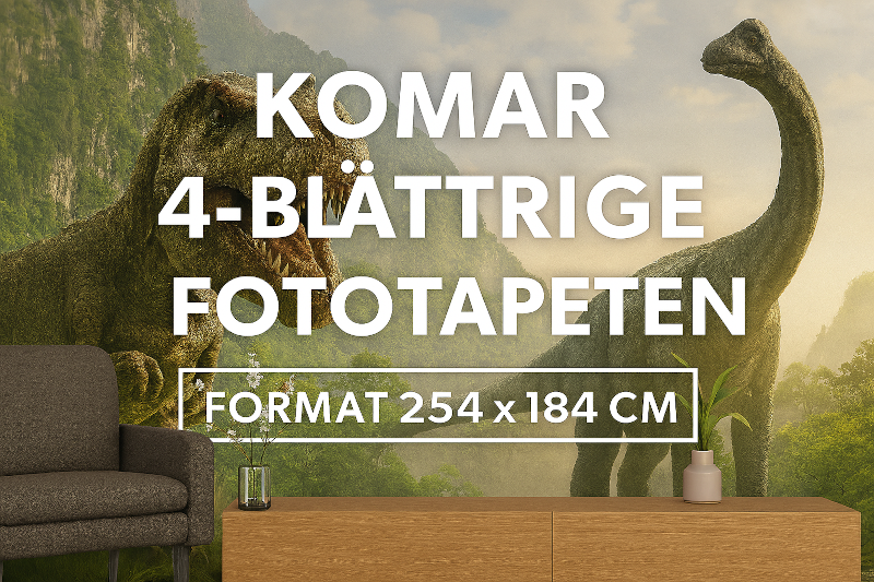 „Querformatiges Werbebild mit Komar-Fototapete im Format 254 × 184 cm. Die Tapete zeigt ein fantasievolles Dinosaurier-Motiv mit T-Rex und Brachiosaurus in grüner Urwaldkulisse. Im Vordergrund modernes Wohnambiente mit dunkelgrünem Sessel, Holzkonsole, Va