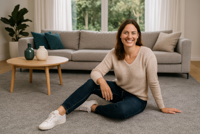 „Modernes Wohnzimmer mit Teppichboden und freundlich lächelnder Dame – gemütliche Atmosphäre bei Impulse Wolfsburg“