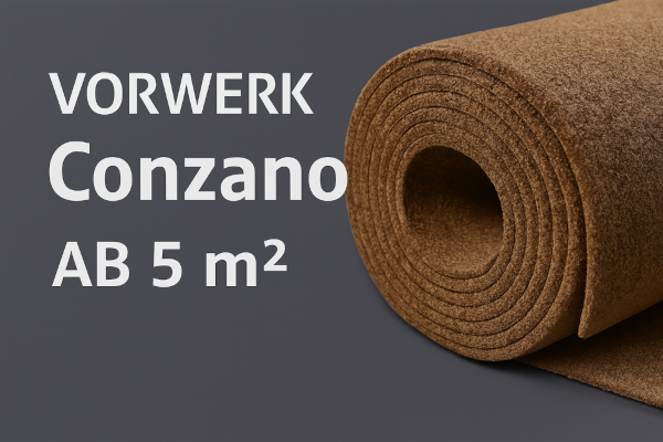 Vorwerk Conzano Teppichboden – Velours-Oberfläche in Farbe 1M04, gleichmäßig strukturiert, präsentiert als Rollenansicht auf dunklem Hintergrund, erhältlich in 4 m und 5 m Breite.
