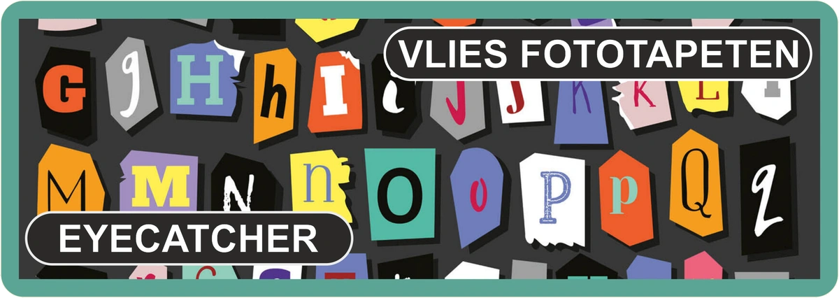 „Eyecatcher Vlies Fototapete – bunte, auffällige Buchstaben‑Collage im Format 375 x 250 cm“