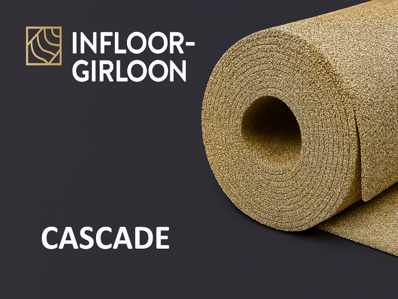 „Kategoriebild für Infloor-Girloon Cascade Teppichboden: strukturierter roter Teppichhintergrund mit Infloor-Girloon Logo oben links und weißem Schriftzug ‚CASCADE‘ mittig platziert.“