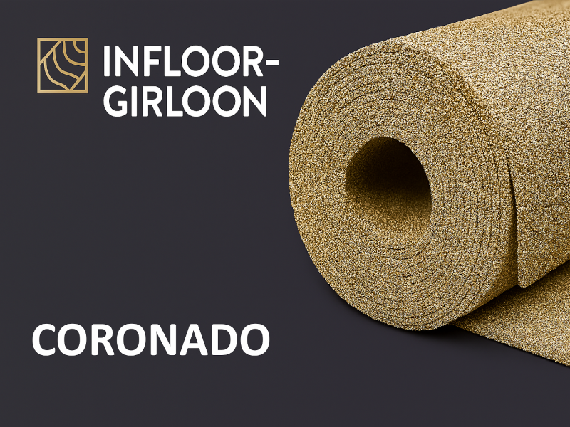 „Kategoriebild für Infloor-Girloon Coronado Teppichboden: strukturierter roter Teppichhintergrund mit Infloor-Girloon Logo oben links und weißem Schriftzug ‚CORONADO‘ mittig platziert.“