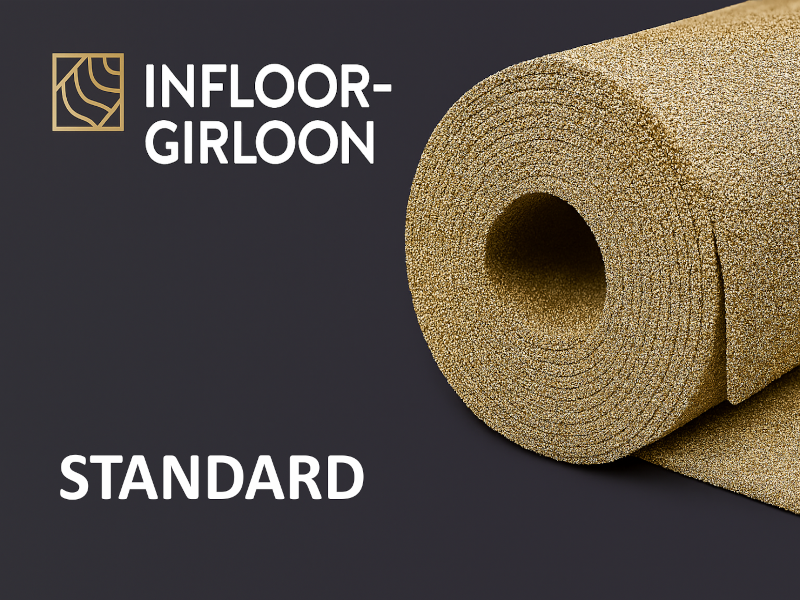 „Kategoriebild für Infloor-Girloon Standard Teppichboden: strukturierter roter Teppichhintergrund mit Infloor-Girloon Logo oben links und weißem Schriftzug ‚STANDARD‘ mittig platziert.“