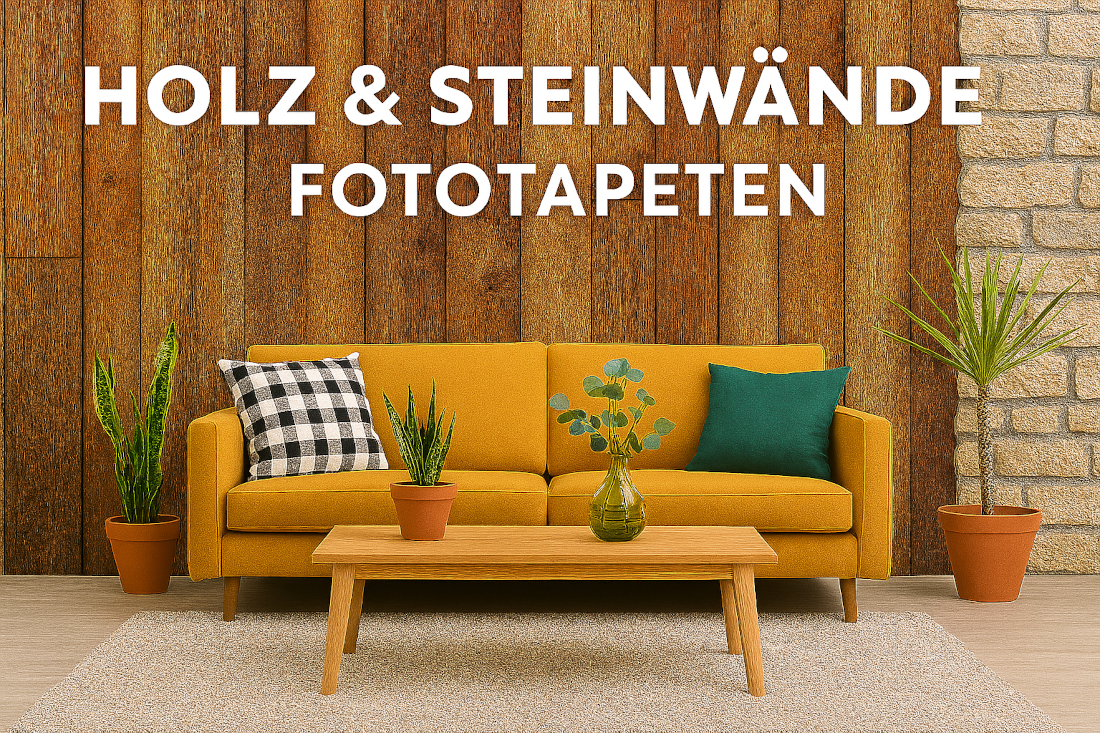 Wohnliches Raumbild mit dekorativer Steinwandoptik, gelbem Sofa, grünen Pflanzen und dem Schriftzug „STEINWÄNDE – FOTOTAPETEN“ in Großbuchstaben. Ideal als Teaserbild für die Kategorie im Gambio-Shop.