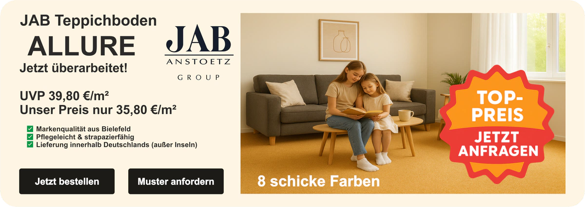 „JAB Teppichboden Allure – Farbton sonne, luxuriöser Velours mit feiner Struktur“
