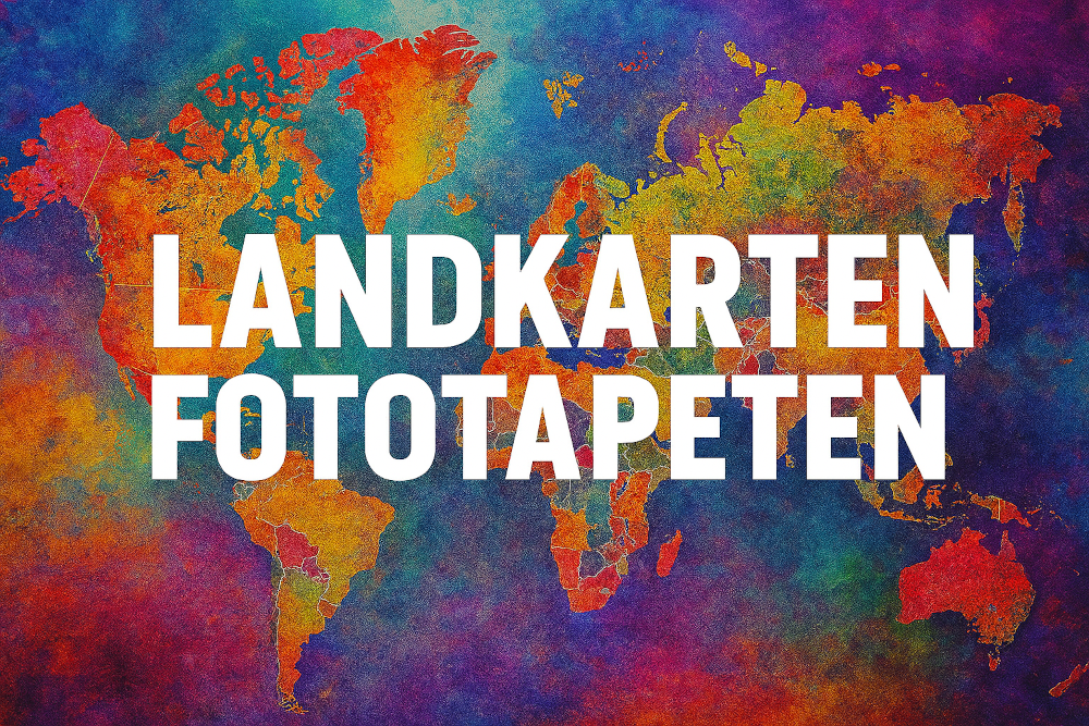 Farbintensives Querbild mit einer stilisierten Weltkarte in kräftigen Blau-, Rot-, Grün- und Gelbtönen. In der Mitte steht in Großbuchstaben der Text „LANDKARTEN FOTOTAPETEN“.