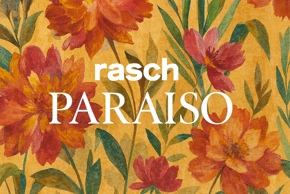 Florale Vliestapete mit tropischen Blättern und Aquarellblumen in warmen Farben – Rasch Paraiso Kollektion