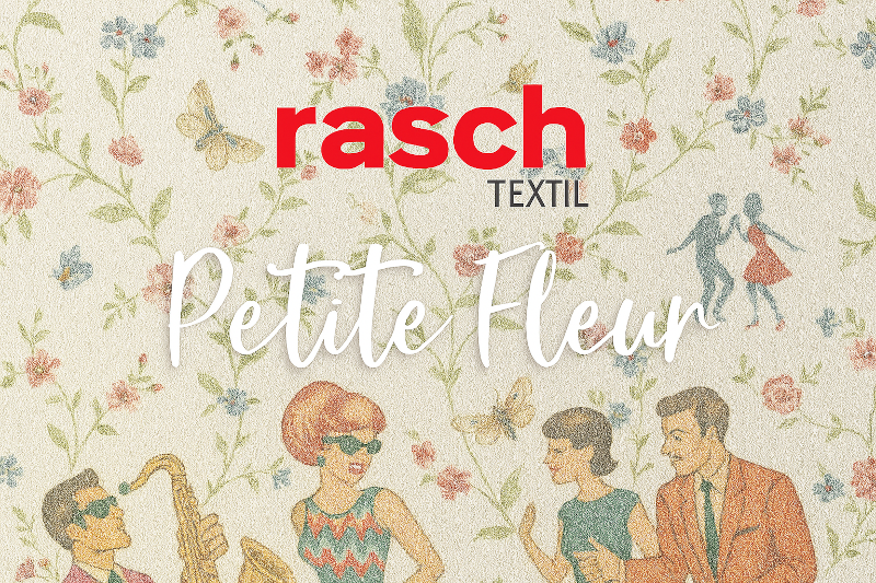 Querformatiges Kategoriebild zur Tapetenkollektion „Petite Fleur 5“ von Rasch Textil. Der Hintergrund zeigt ein romantisches, florales Muster mit kleinen Blüten, Blättern und Schmetterlingen auf hellem Grund. Zentral platziert sind das rote Rasch Textil L