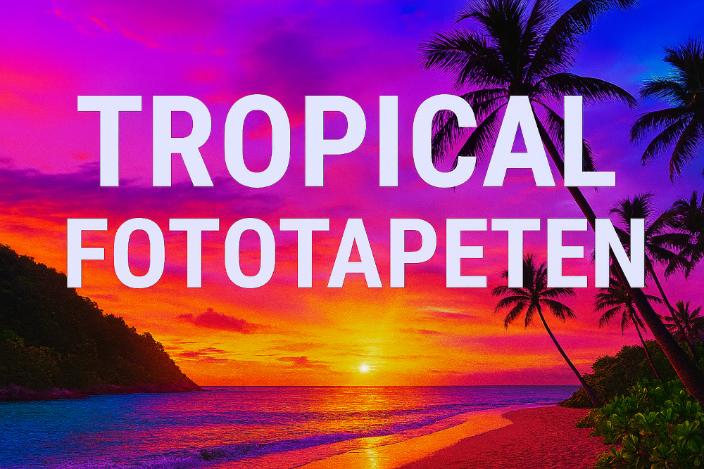 Farbenintensives Querbild mit tropischem Sonnenuntergang am Strand, Palmen, türkisfarbenem Wasser und exotischer Vegetation. Oben mittig steht in Großbuchstaben: „TROPICAL FOTOTAPETEN“.