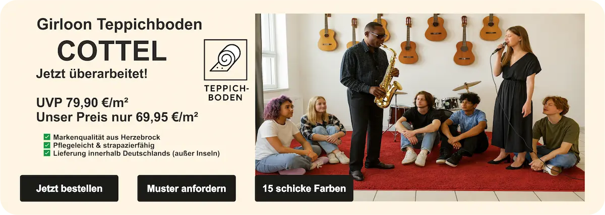 „Musikzimmer mit Girloon Teppichboden COTTEL in Rot – weiße Fliesen, Gitarren an der Wand, Saxophonist, Sängerin und Jugendliche im Raum.“