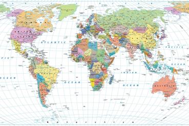 „Fototapete MS-5-1505 mit Weltkarten-Motiv – Draufsicht auf farbenreiche Kartengrafik in XXL“