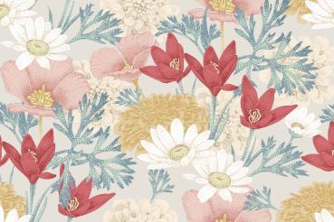 Vlies-Fototapete MS-5-1999 – Draufsicht auf florales Dessin mit warmen Farbtönen, Format 375 × 250 cm, brillante Druckqualität.