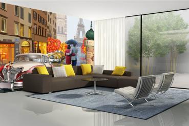 MS-5-2156 als Wandtapete in modernem Interieur; Retro-Design mit räumlicher Tiefe und Vintage-Charme