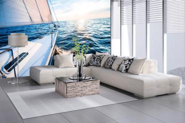 Fototapete MS-5-2747 „Boote & Schiffe“ als Wanddekoration in modernem Wohnraum; stimmungsvolles Hafenmotiv mit räumlicher Tiefe