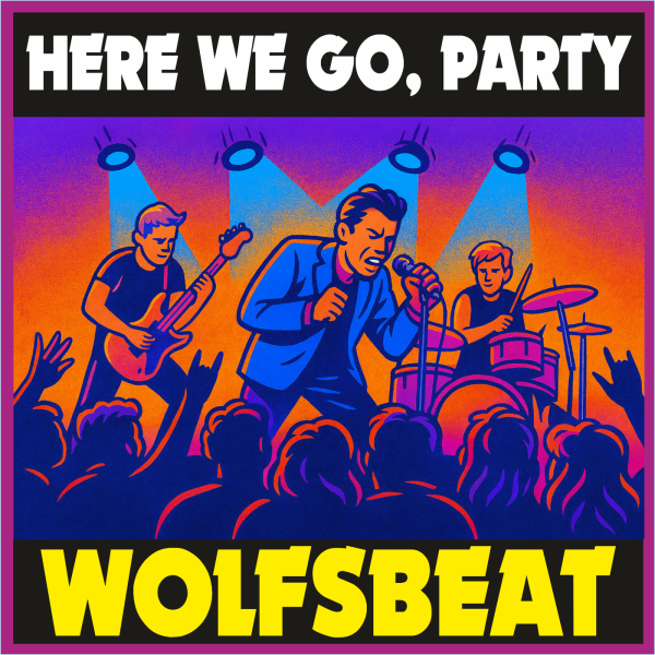 alt="WOLFSBEAT Coverbild zum Song 'Party, here we go' – Anti-Drogen Rocksong mit Bandkonzertmotiv"