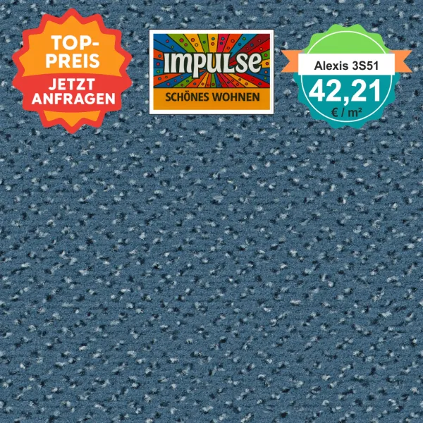 „Vorwerk Alexis Teppichboden in Hellblau – freundliches Raumbild mit weicher Velours-Oberfläche“