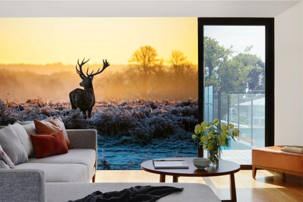 „Tiermotiv-Fototapete MS-5-0618 als Blickfang im Wohnzimmer – lebendige Farben und räumliche Tiefe“