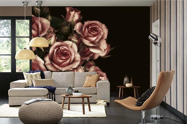 Fototapete MS-5-1400 mit Blumenmotiv – stimmungsvolle Raumansicht im Querformat, dekorativ verlegt auf großer Wandfläche.