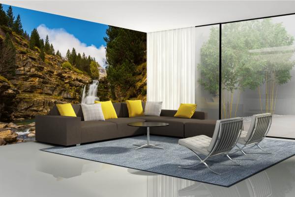 Fototapete MS-5-1611 mit Wasserfall-Motiv in einem modern eingerichteten Wohnraum