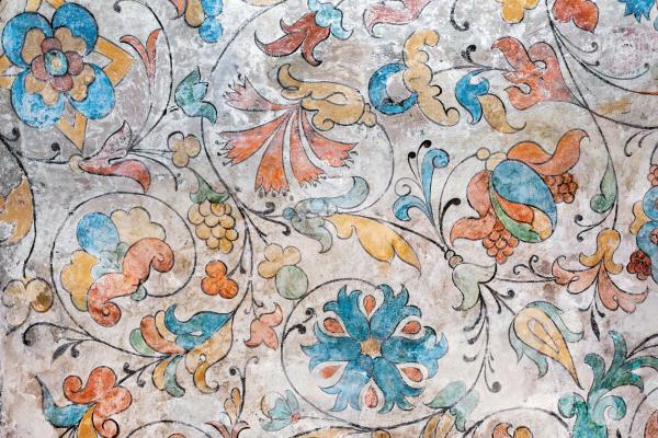 Vlies-Fototapete MS-5-1991 – Draufsicht auf florales Dessin mit warmen Farbtönen, Format 375 × 250 cm, brillante Druckqualität.