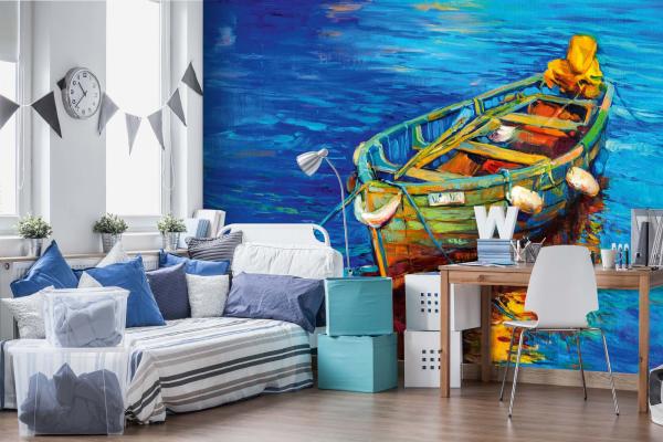 Fototapete MS-5-2036 „Boote & Schiffe“ als Wanddekoration in modernem Wohnraum; stimmungsvolles Hafenmotiv mit räumlicher Tiefe