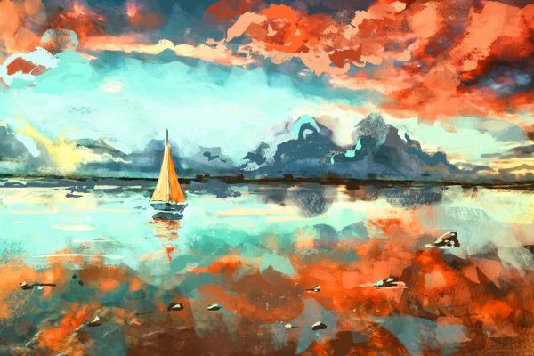 Fototapete MS-5-2037 „Boote & Schiffe“ als flache Draufsicht; maritimes Motiv mit Masten und Sonnenuntergang in warmen Farben