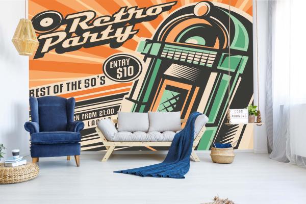 MS-5-2133 als Wandtapete in modernem Interieur; Retro-Design mit räumlicher Tiefe und Vintage-Charme
