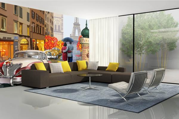 MS-5-2156 als Wandtapete in modernem Interieur; Retro-Design mit räumlicher Tiefe und Vintage-Charme