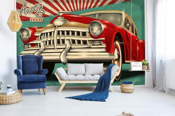 MS-5-2164 als Wandtapete in modernem Interieur; Retro-Design mit räumlicher Tiefe und Vintage-Charme