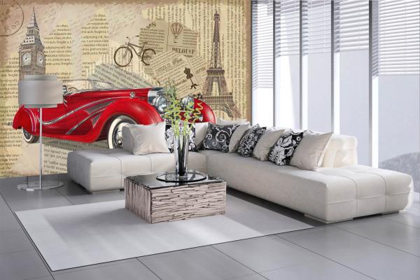 MS-5-2213 als Wandtapete in modernem Interieur; Retro-Design mit räumlicher Tiefe und Vintage-Charme