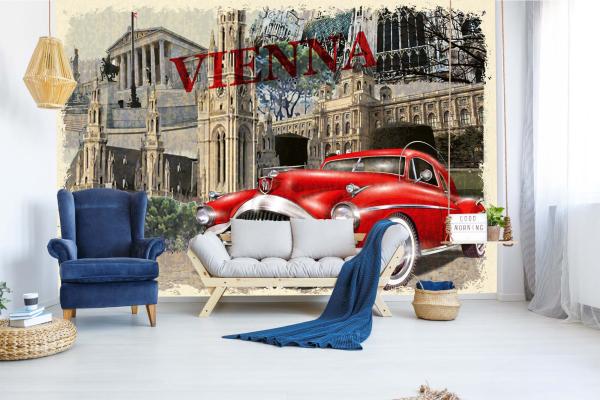 MS-5-2223 als Wandtapete in modernem Interieur; Retro-Design mit räumlicher Tiefe und Vintage-Charme