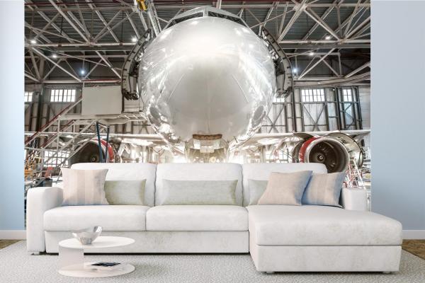 „Raumansicht mit Vlies-Fototapete MS-5-2701 – modernes Flugzeugmotiv als Wandgestaltung in Wohn- oder Arbeitsbereich“