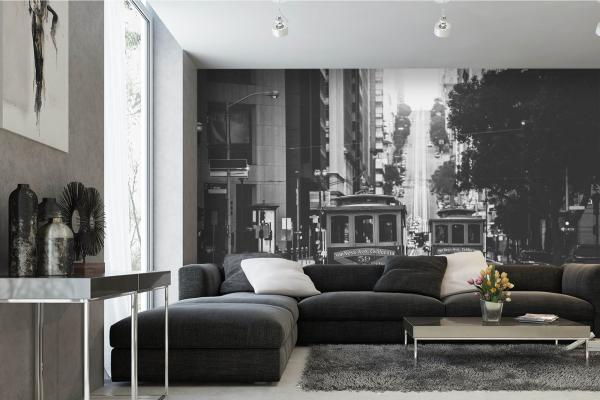 MS-5-2702 als Wandtapete in modernem Interieur; Retro-Design mit räumlicher Tiefe und Vintage-Charme