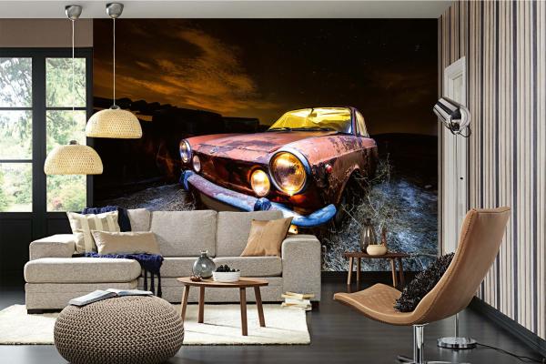 MS-5-2755 als Wandtapete in modernem Interieur; Retro-Design mit räumlicher Tiefe und Vintage-Charme