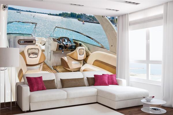 Fototapete MS-5-2759 „Boote & Schiffe“ als Wanddekoration in modernem Wohnraum; stimmungsvolles Hafenmotiv mit räumlicher Tiefe