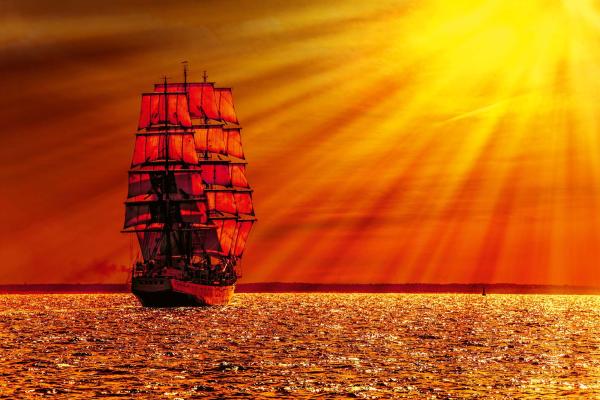 Fototapete MS-5-2770 „Boote & Schiffe“ als flache Draufsicht; maritimes Motiv mit Masten und Sonnenuntergang in warmen Farben