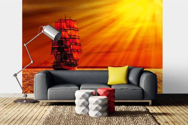 Fototapete MS-5-2770 „Boote & Schiffe“ als Wanddekoration in modernem Wohnraum; stimmungsvolles Hafenmotiv mit räumlicher Tiefe