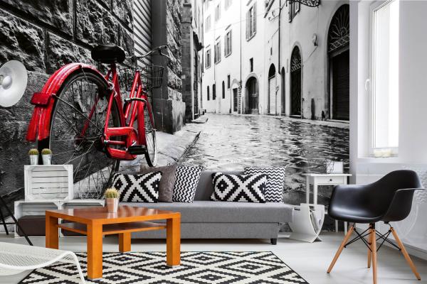 MS-5-2796 als Wandtapete in modernem Interieur; Retro-Design mit räumlicher Tiefe und Vintage-Charme