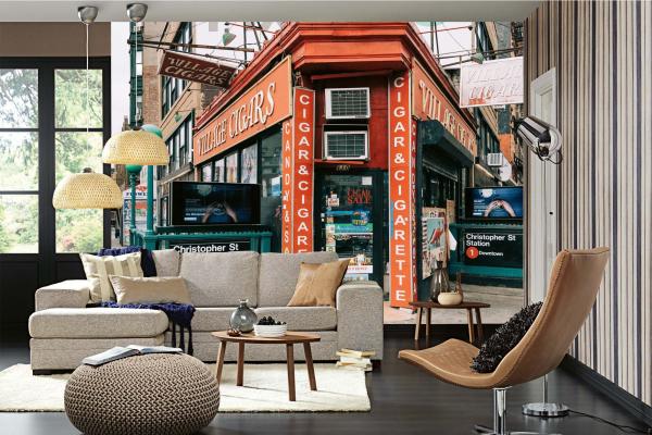 MS-5-2805 als Wandtapete in modernem Interieur; Retro-Design mit räumlicher Tiefe und Vintage-Charme