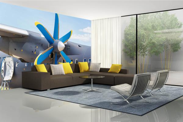 „Raumansicht mit Vlies-Fototapete MS-5-2825 – modernes Flugzeugmotiv als Wandgestaltung in Wohn- oder Arbeitsbereich“