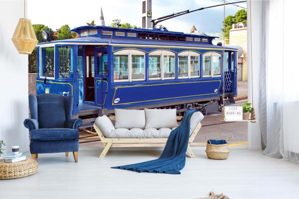 MS-5-2879 als Wandtapete in modernem Interieur; Retro-Design mit räumlicher Tiefe und Vintage-Charme
