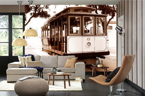 MS-5-2882 als Wandtapete in modernem Interieur; Retro-Design mit räumlicher Tiefe und Vintage-Charme