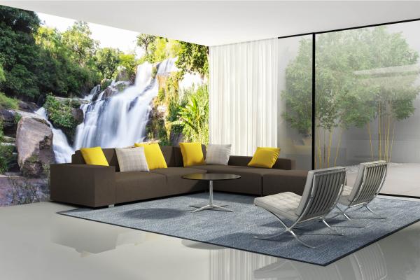 Fototapete MS-5-3149 mit Wasserfall-Motiv in einem modern eingerichteten Wohnraum