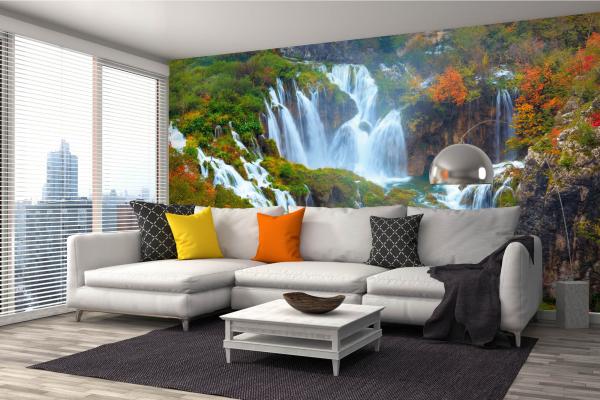 Fototapete MS-5-3166 mit Wasserfall-Motiv in einem modern eingerichteten Wohnraum