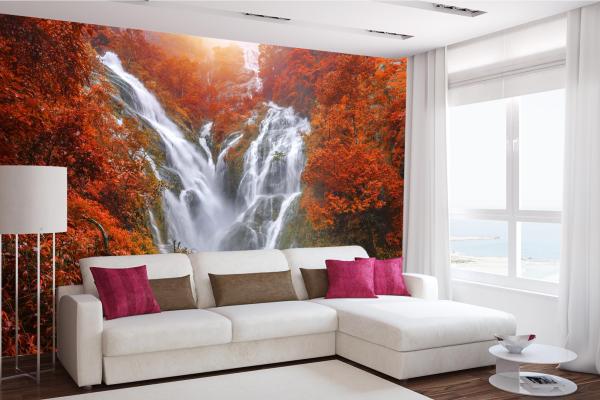 Fototapete MS-5-3180 mit Wasserfall-Motiv in einem modern eingerichteten Wohnraum