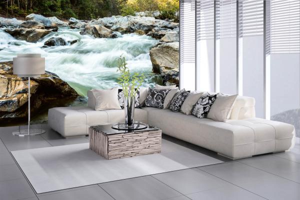 Fototapete MS-5-3183 mit Wasserfall-Motiv in einem modern eingerichteten Wohnraum